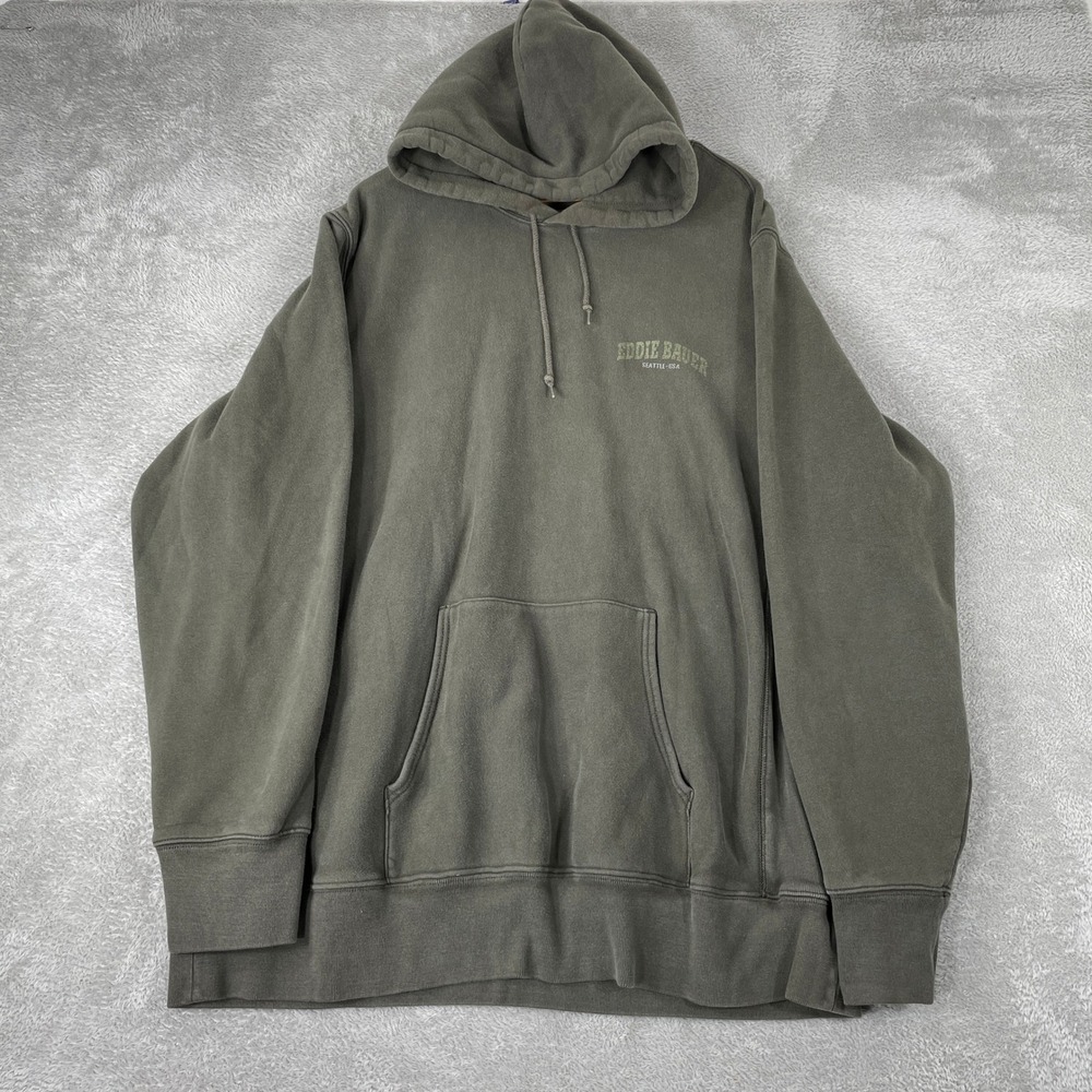 Eddie Bauer Hoodie Mens 2XL Tall Green Sport Shop Y2K Pullover Fleece Ribbed